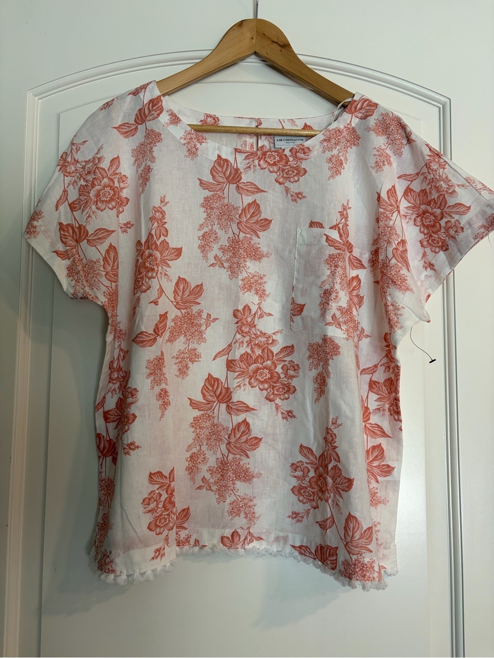 Liz Claiborne Coral White Toile Linen Cotton Flutter Cap Sleeve Blouse Petite XL